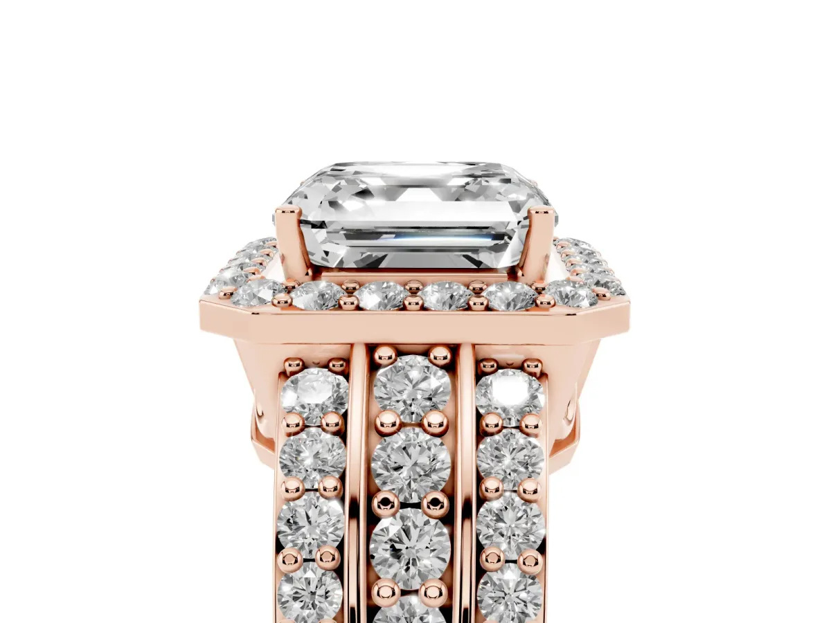 Asscher Cut Halo Diamond Ring with Round Split Shank and Prong Setting Rose gold