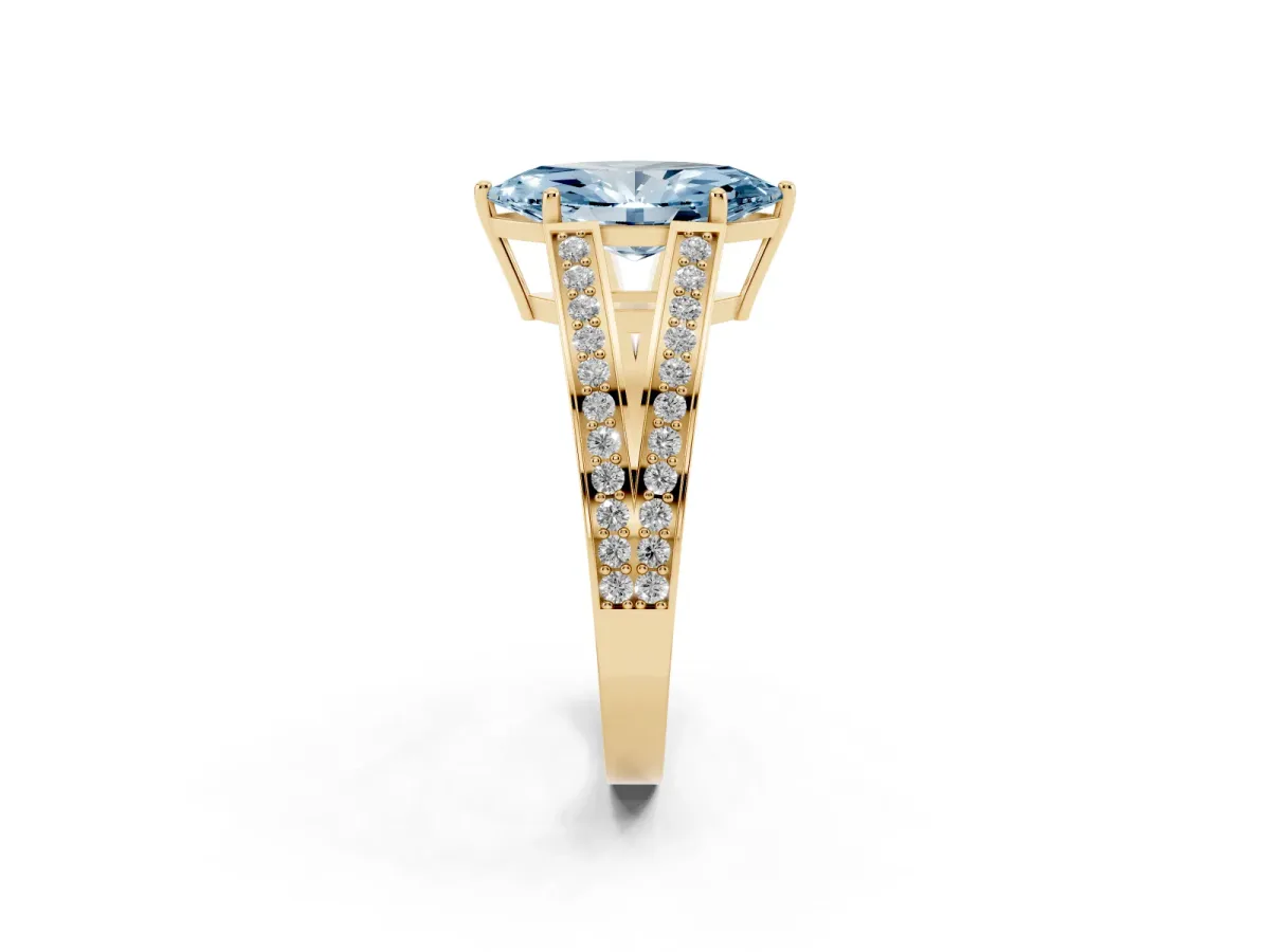 Fancy Blue Marquise Cut Diamond Split Shank Ring with Pavé Band and Four-Prong Setting Yellow gold
