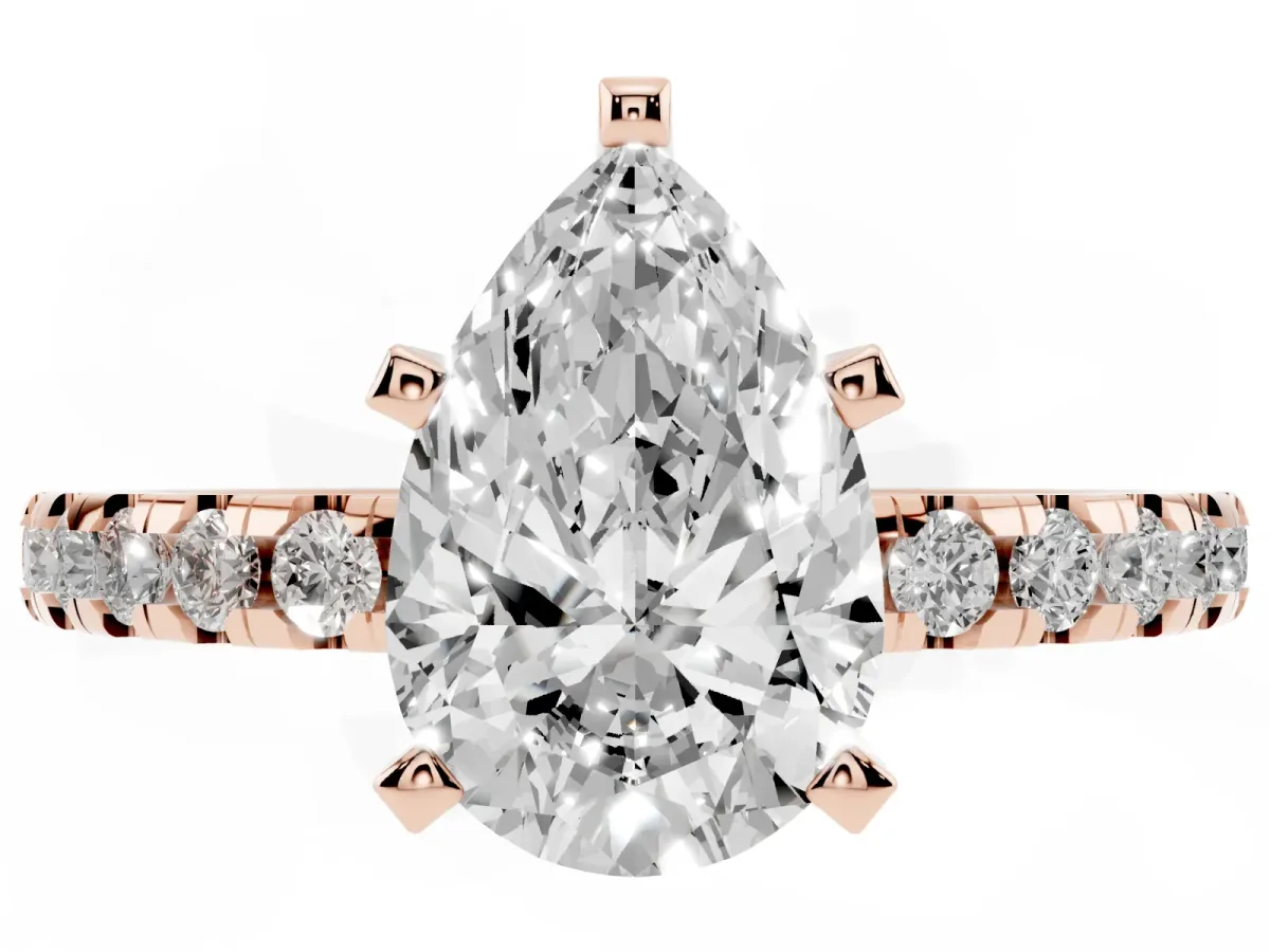 Pear Cut Diamond Solitaire Ring with Round Pavé Band and Four-Prong Setting Rose gold