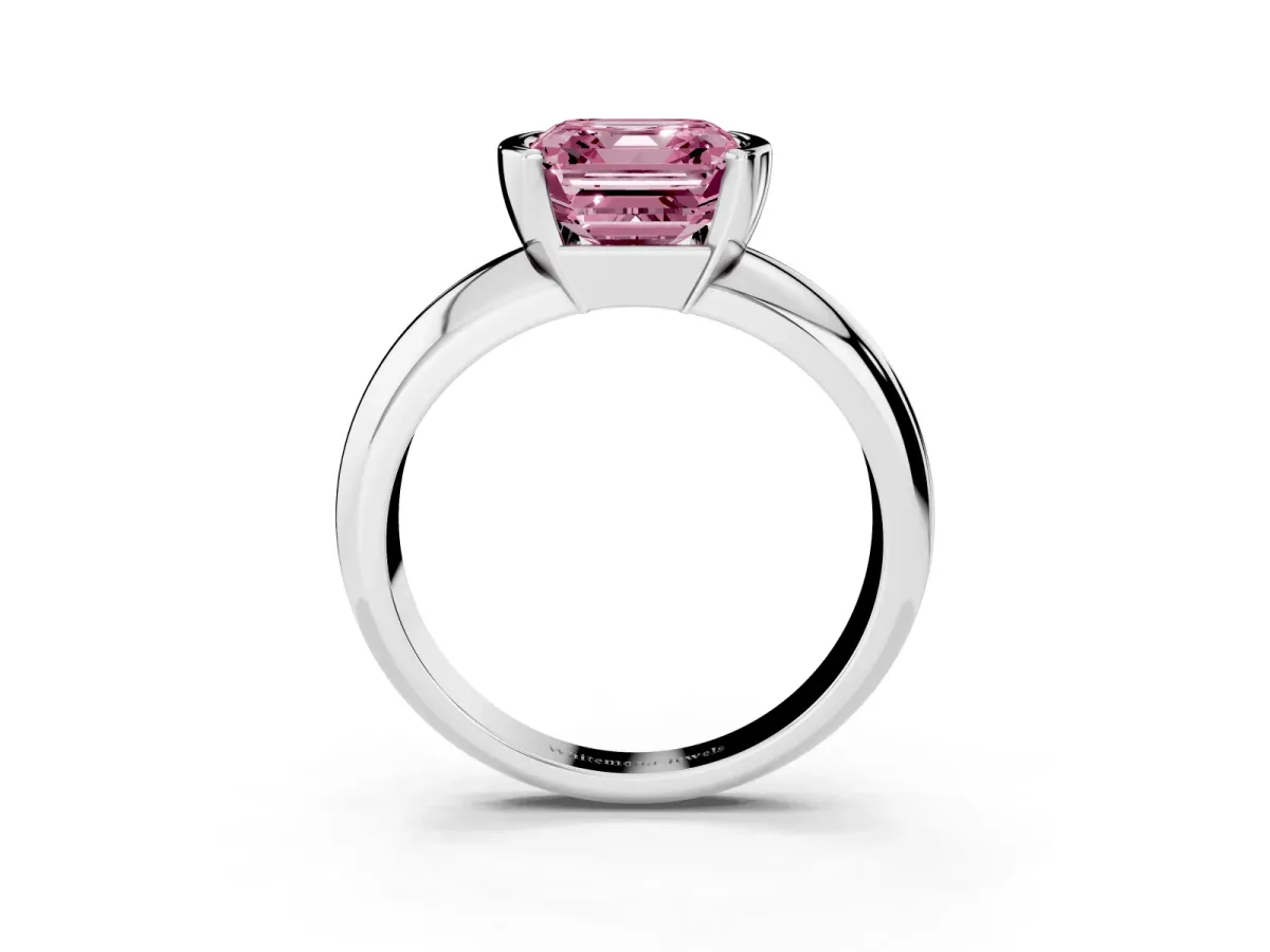 Fancy Pink Asscher Cut Solitaire Tension Set Diamond Ring with Wide Band Silver