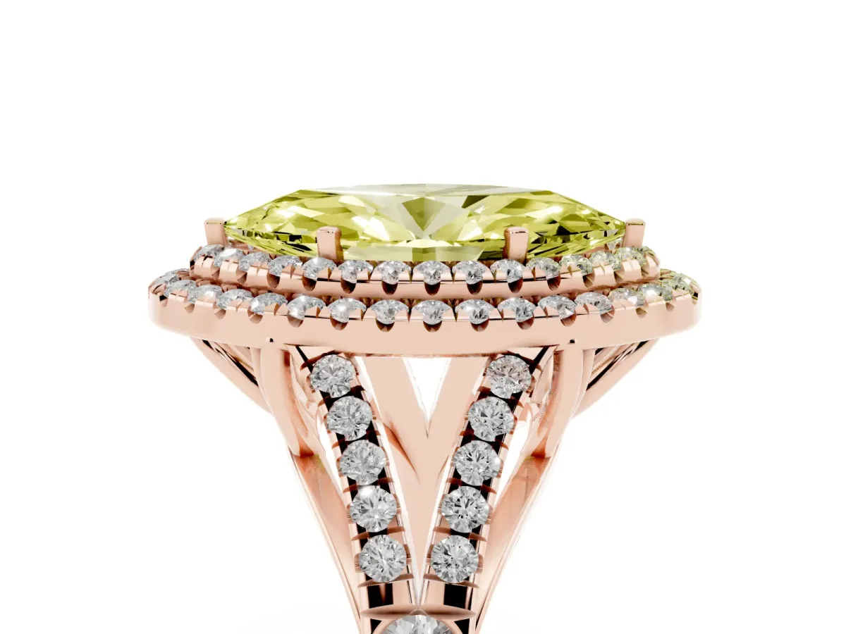 Fancy Yellow Marquise Cut Cut Double Halo Split Shank Diamond Ring with Prong Setting Rose gold