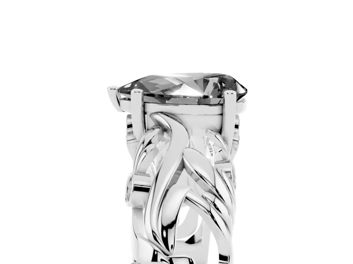 Fancy Black Pear Cut Solitaire Diamond Leaf-Inspired Vine Band Ring with Prong Setting White gold