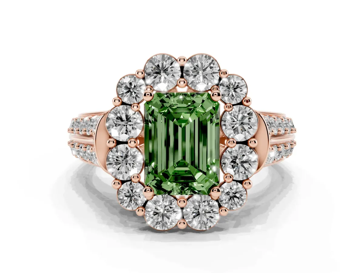 Fancy Green Emerald Cut Halo Diamond Engagement Ring with Split Shank and Prong Setting Rose gold
