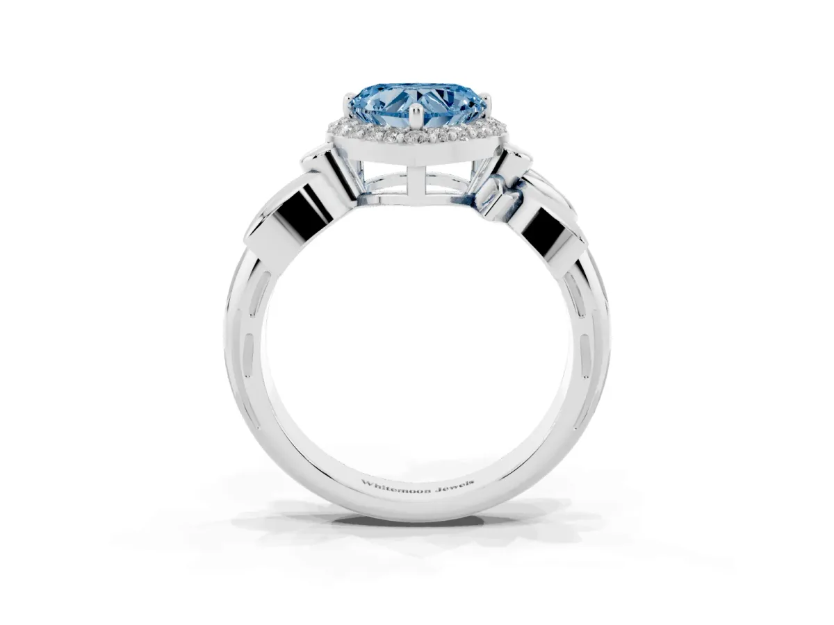 Fancy Blue Heart Cut Halo Diamond Floral Band with Four-Prong Setting Silver