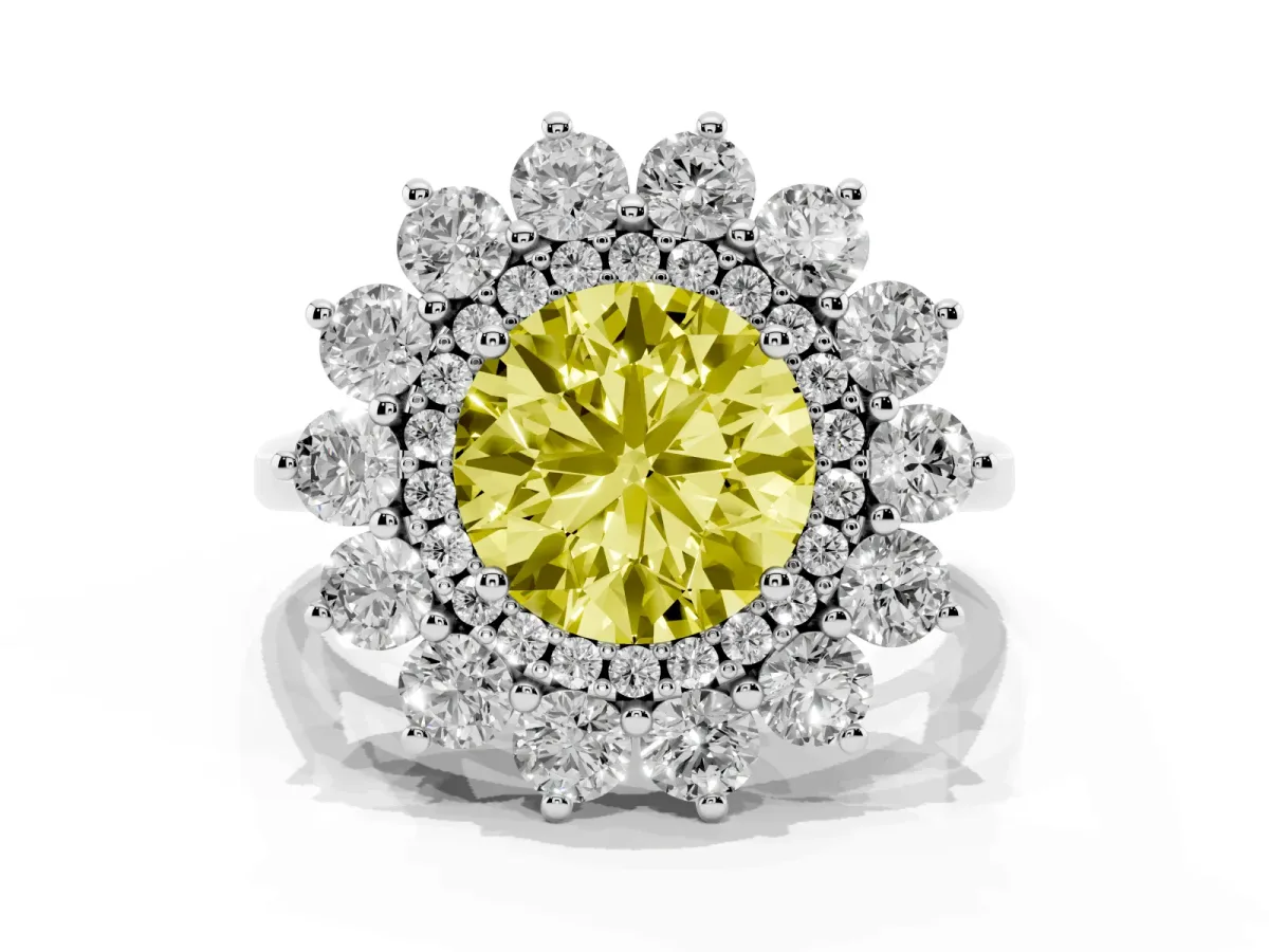 Fancy Yellow Round Cut Diamond Floral Double Halo Engagement Ring with Prong Setting Silver