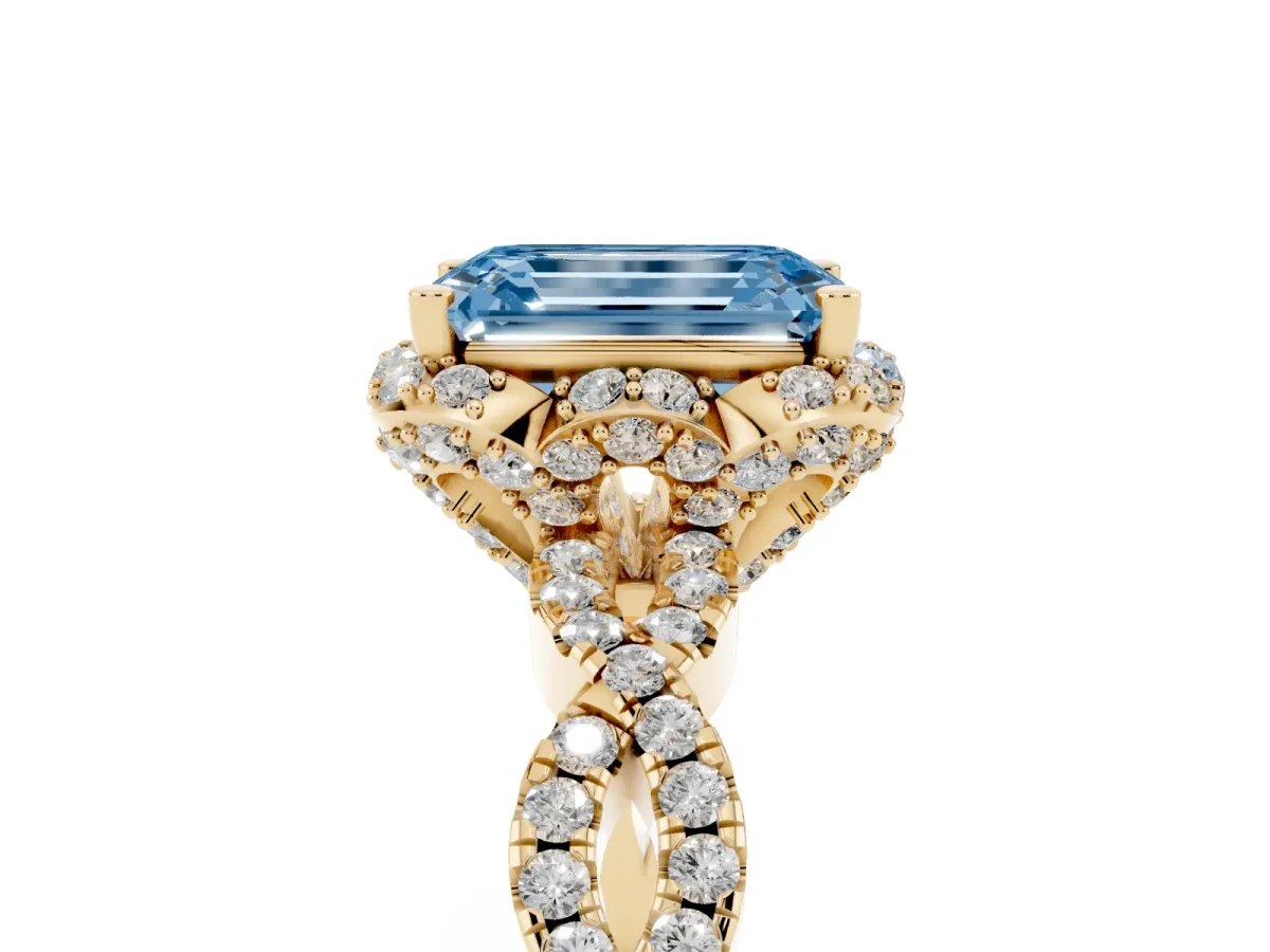 Fancy Blue Emerald Cut Halo Twist Band Solitaire Ring with Six-Prong Setting Yellow gold