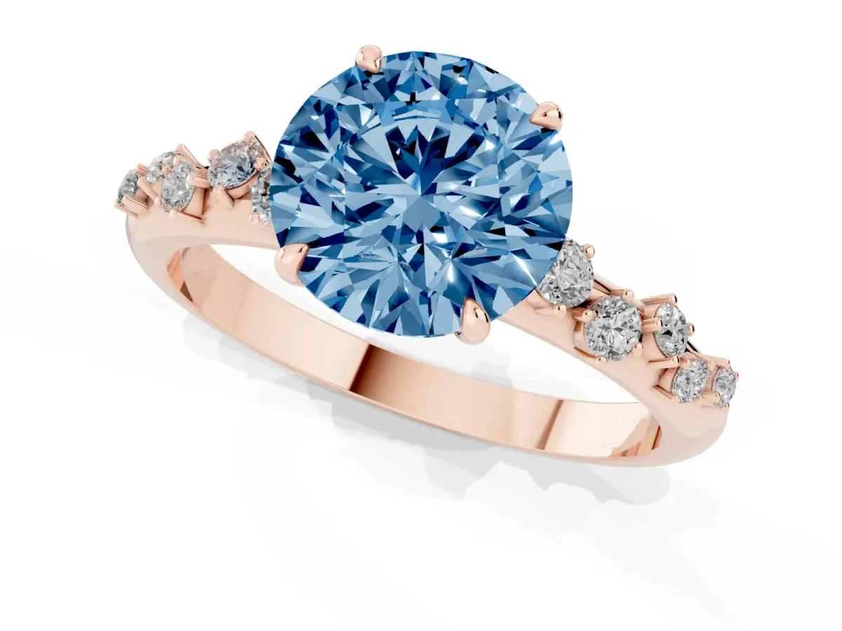 Fancy Blue Round Cut Diamond Cluster Prong-Set Solitaire Ring Rose gold