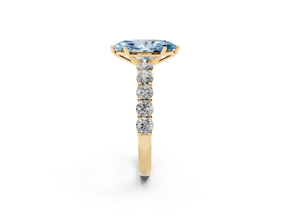 Fancy Blue Marquise Cut Diamond Solitaire Ring with Shared Prong Round Side Stones Yellow gold