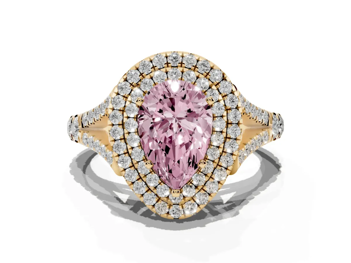 Fancy Pink Pear Cut Diamond Double Halo Ring with Split Shank and Prong Setting Yellow gold