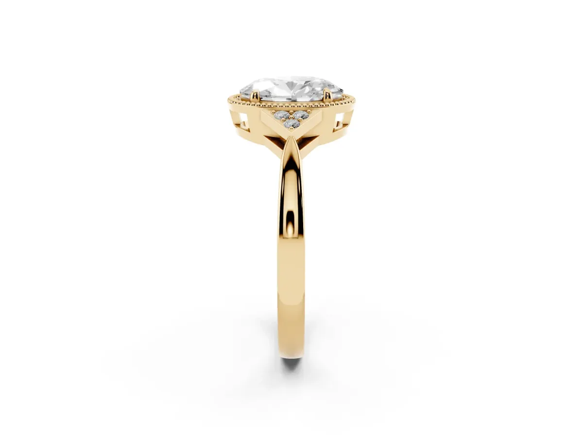 Oval Cut Diamond Halo Ring with Tapered Band and Four-Prong Setting Yellow gold