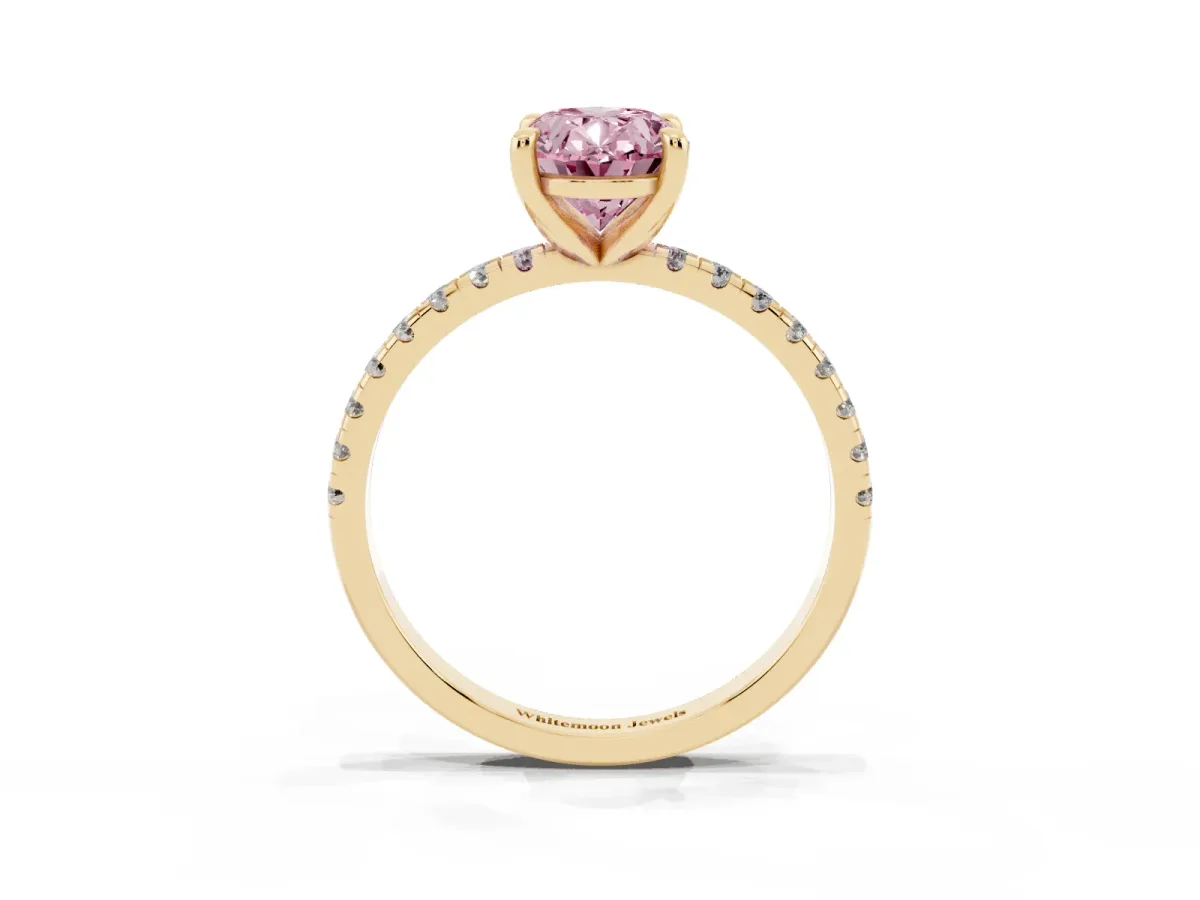 Fancy Pink Oval Cut Diamond Brilliant Solitaire Ring with Pavé Band and Four-Prong Setting Yellow gold