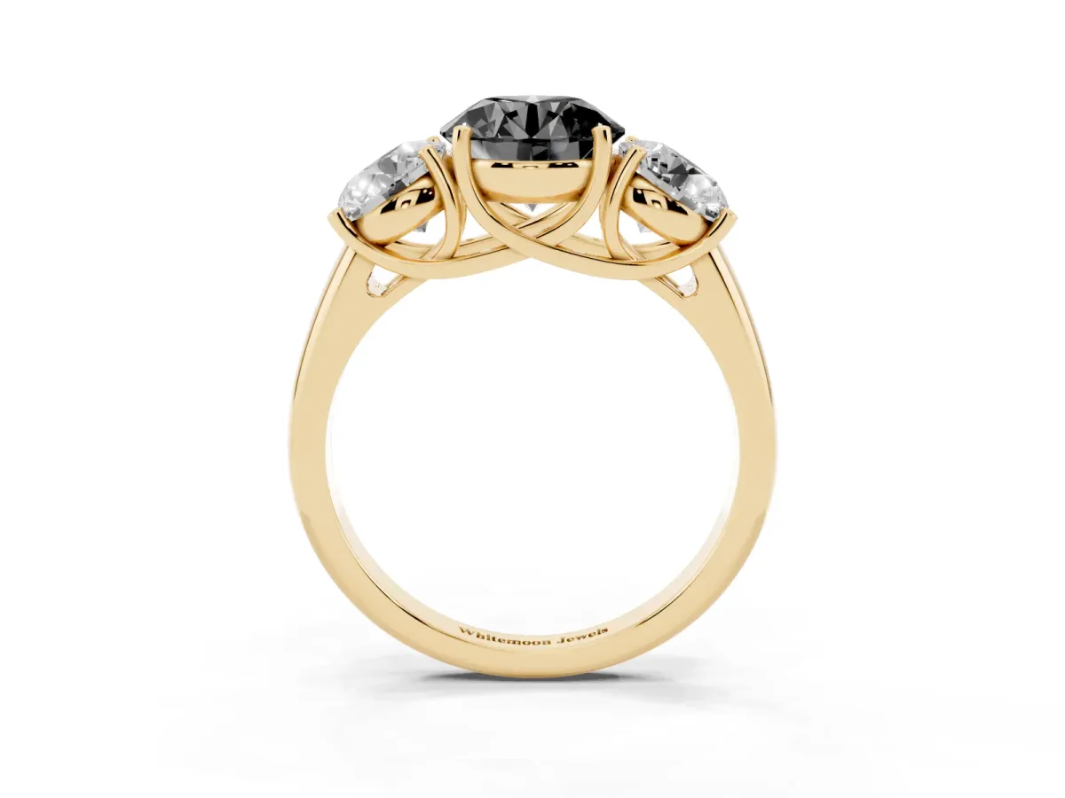 Fancy Black Three-Stone Round Cut Diamond Engagement Ring with Prong Setting Yellow gold