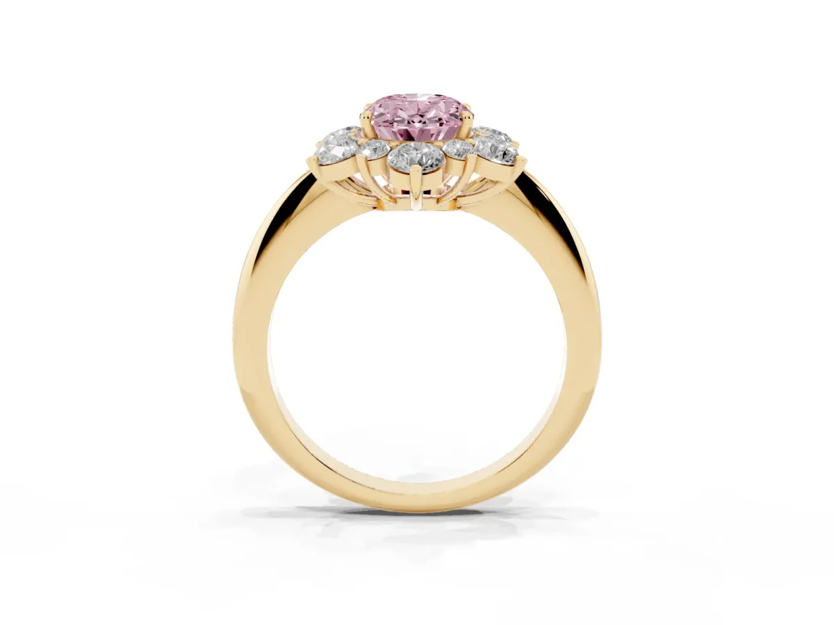 Fancy Pink Oval Cut Diamond Cluster Halo Ring with Solitaire Band and Four-Prong Setting Yellow gold