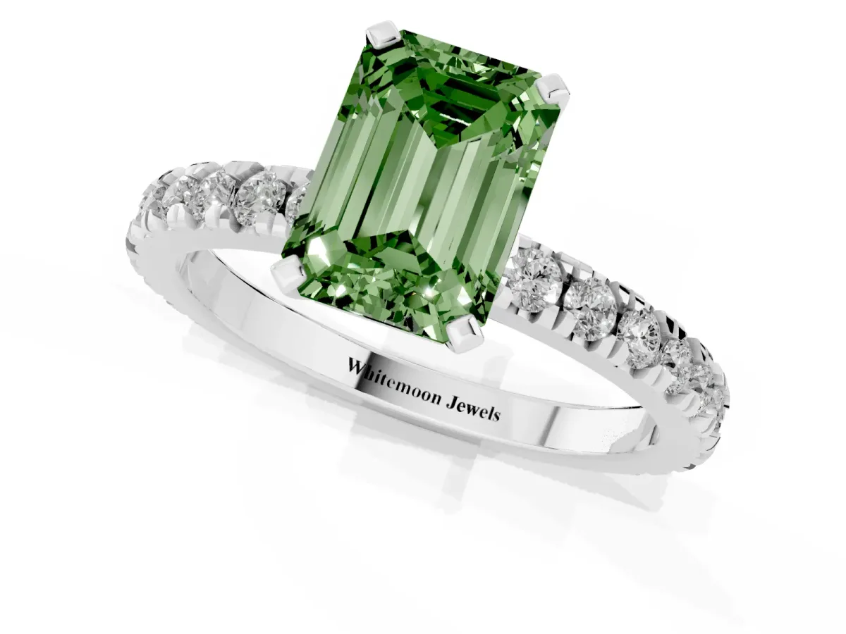 Fancy Green Emerald Cut Diamond Pavé Band Solitaire with Four-Prong Setting Platinum