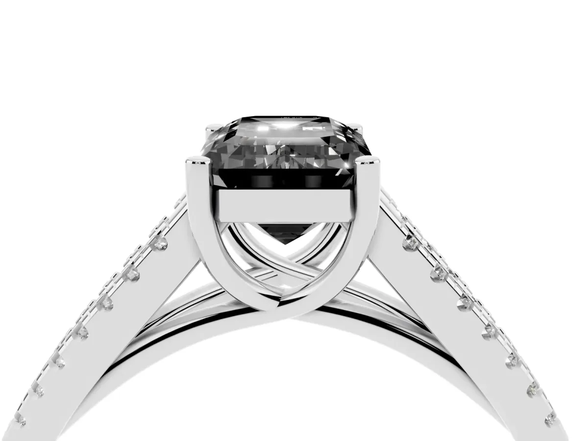 Fancy Black Emerald Cut Diamond Solitaire Engagement Ring with Split Shank Pavé Band Silver