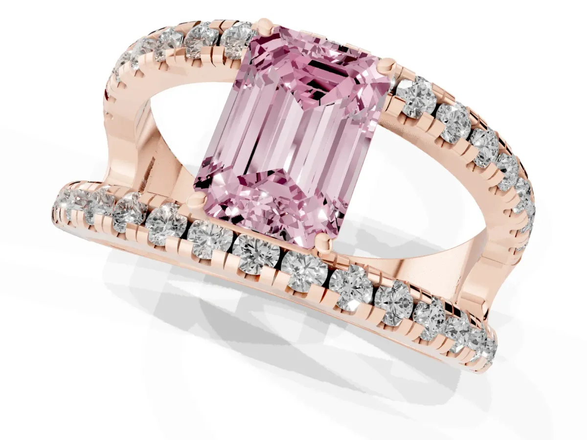 Fancy Pink Emerald Cut Solitaire Split Shank Pave Diamond Ring Rose gold