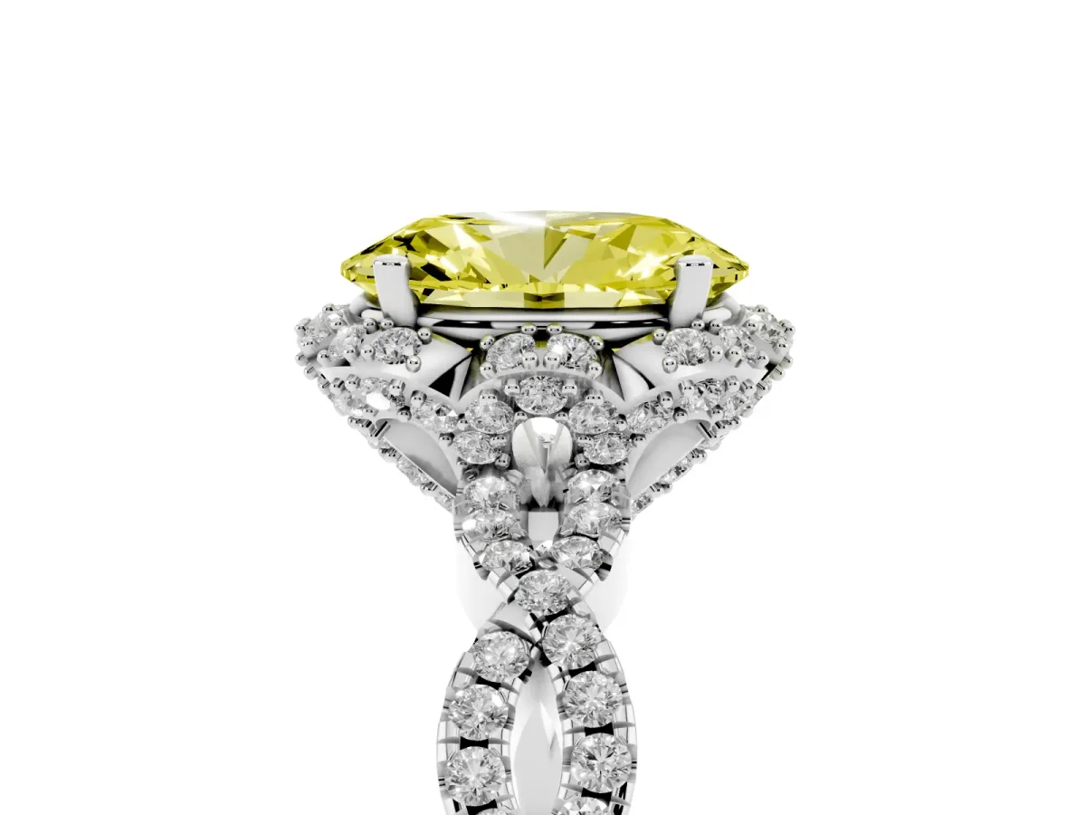 Fancy Yellow Oval Cut Halo Twist Band Solitaire Ring with Six-Prong Setting Silver