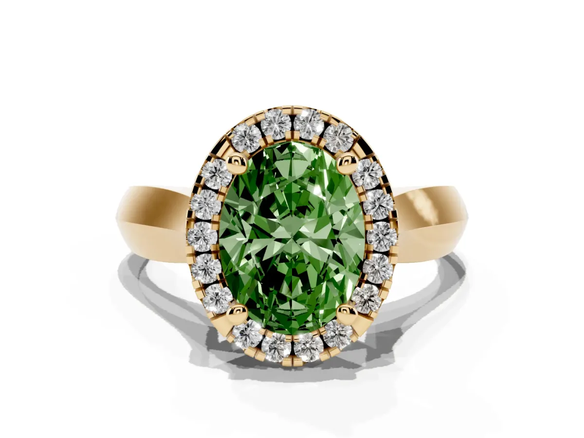 Fancy Green Oval Cut Cut Halo Solitaire Engagement Ring with Square Band and Four-Prong Setting Yellow gold