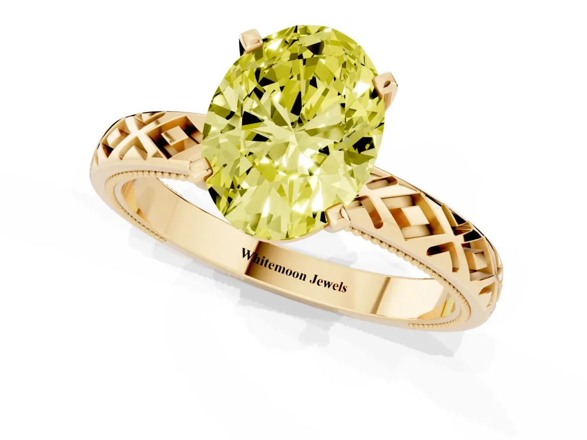 Fancy Yellow Oval Cut Solitaire Diamond Ring with Milgrain and Black Enamel X Pattern Band Yellow gold