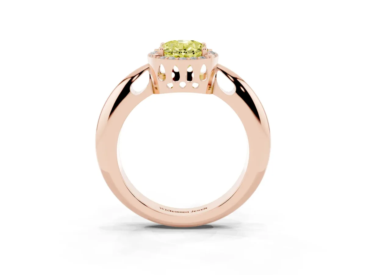 Fancy Yellow Oval Cut Cut Diamond Halo Engagement Ring with Split Shank and Four-Prong Setting Rose gold