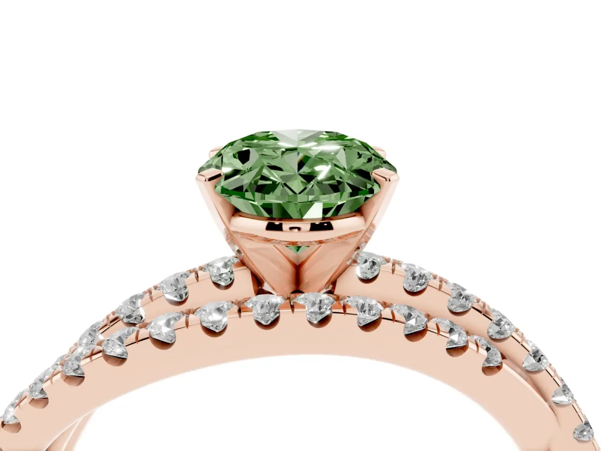 Fancy Green Oval Cut Solitaire Twist Band with Pavé Setting and Four-Prong Setting Rose gold