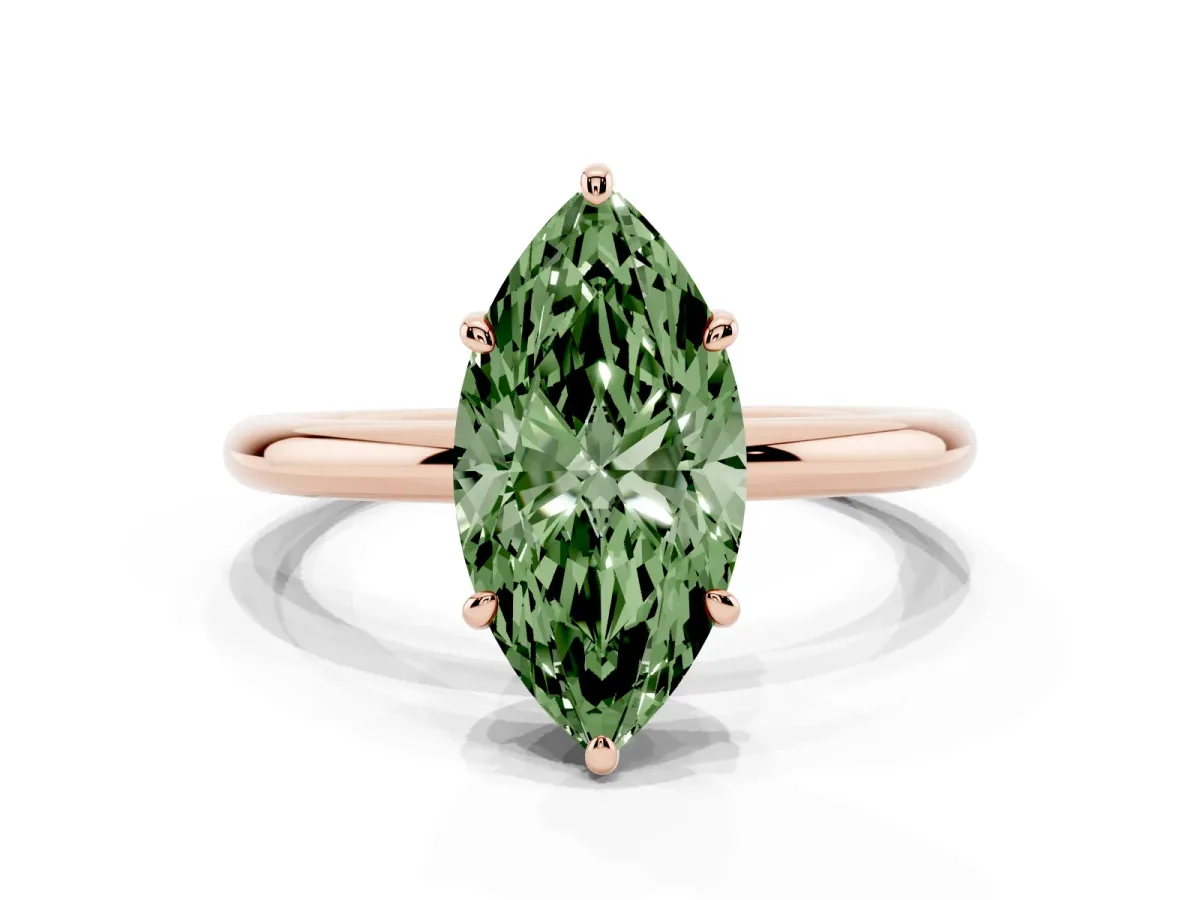 Fancy Green Oval Cut Solitaire Diamond Ring with Four-Prong Setting on a Plain Band Rose gold