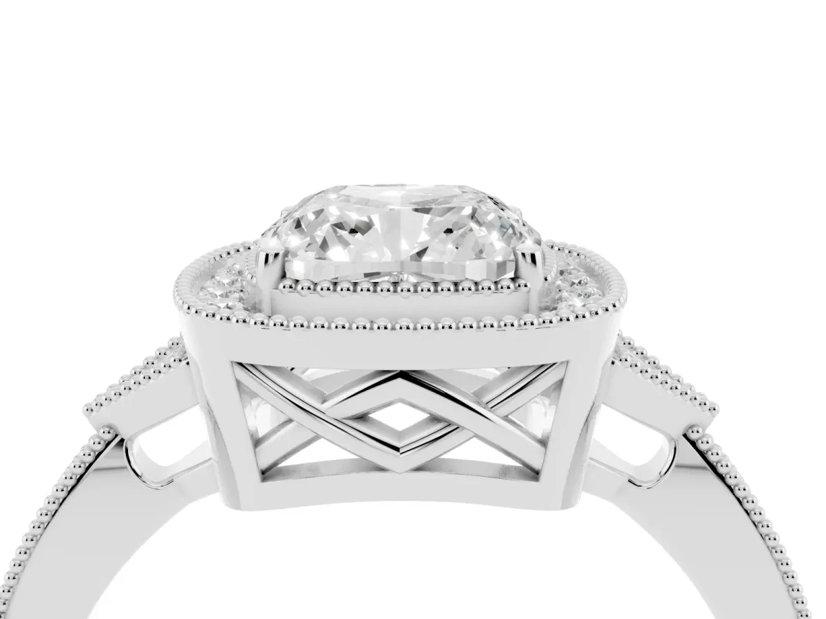 Cushion Cut Halo Round Diamond Milgrain Pave Engagement Ring Silver