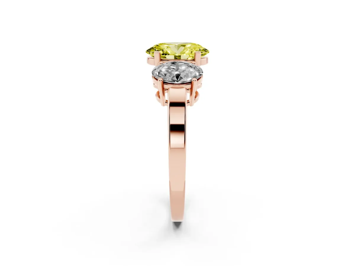 Fancy Yellow Three-Stone Oval Cut Cut Diamond Engagement Ring with Flat Band and Four-Prong Setting Rose gold