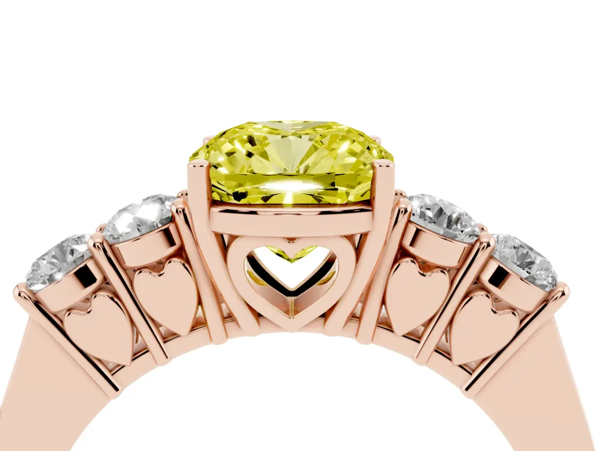 Fancy Yellow Cushion Cut Cut Diamond Five-Stone Prong Set White Gold Ring Rose gold