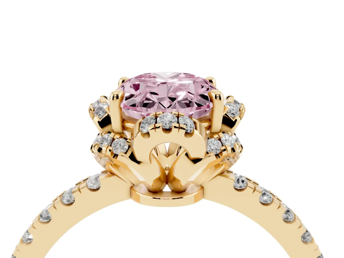 Fancy Pink Oval Cut Halo Diamond Pave Band Ring with Four-Prong Setting Yellow gold