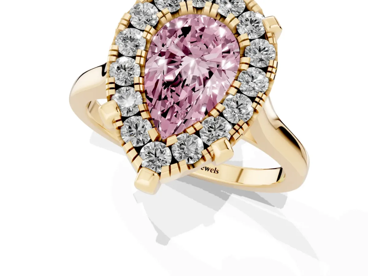 Fancy Pink Pear Cut Diamond Cluster Halo Solitaire with Four-Prong Setting Yellow gold