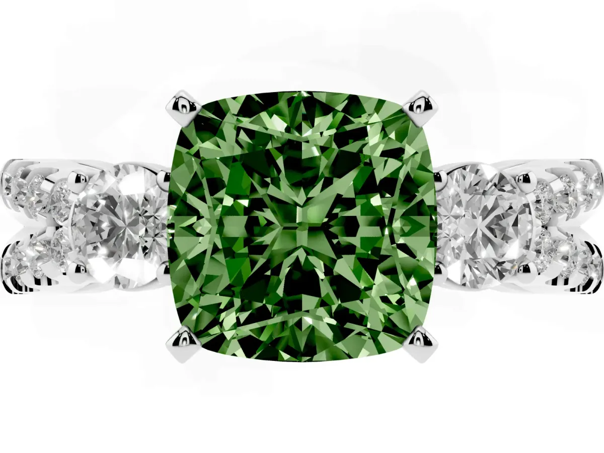 Fancy Green Cushion Cut Diamond Three-Stone Ring with Pavé Split Shank and Four-Prong Setting Platinum