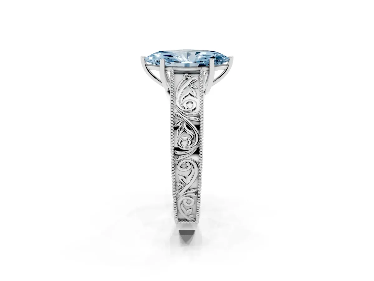 Fancy Blue Marquise Cut Diamond Solitaire Ring with Engraved Band and Four-Prong Setting White gold