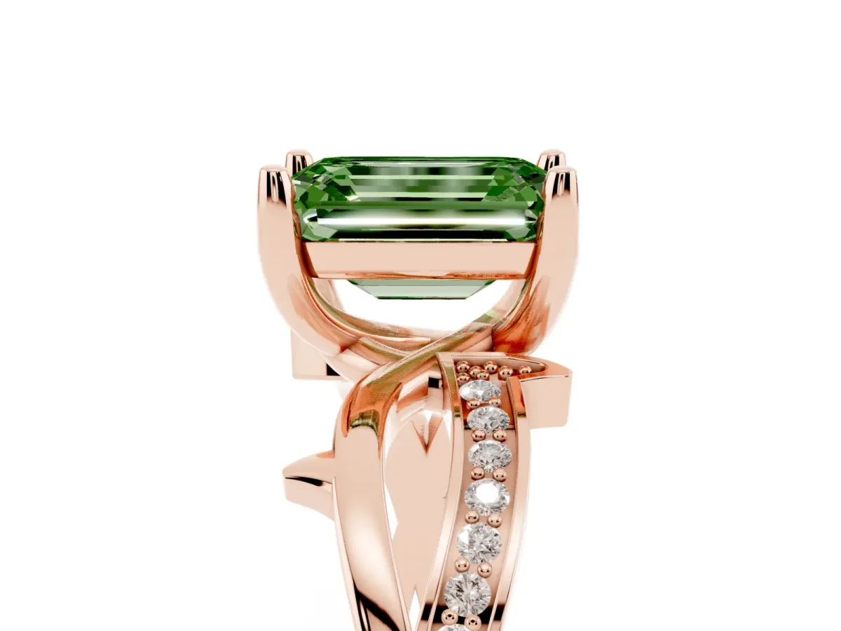 Fancy Green Emerald Cut Solitaire Twist Band with Pavé Accents and Four-Prong Setting Rose gold