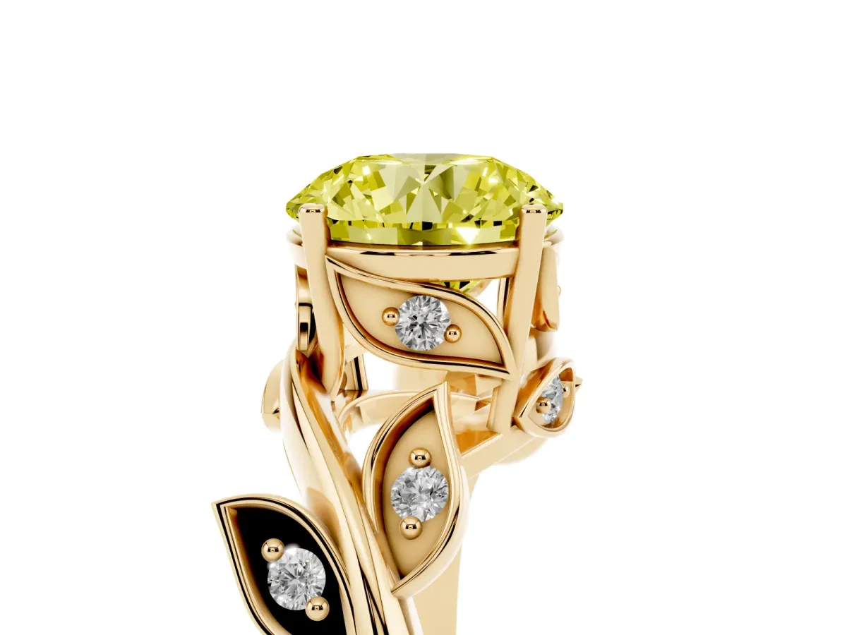 Fancy Yellow Round Cut Solitaire Twist Engagement Ring with Leaf Accents and Prong Setting Yellow gold