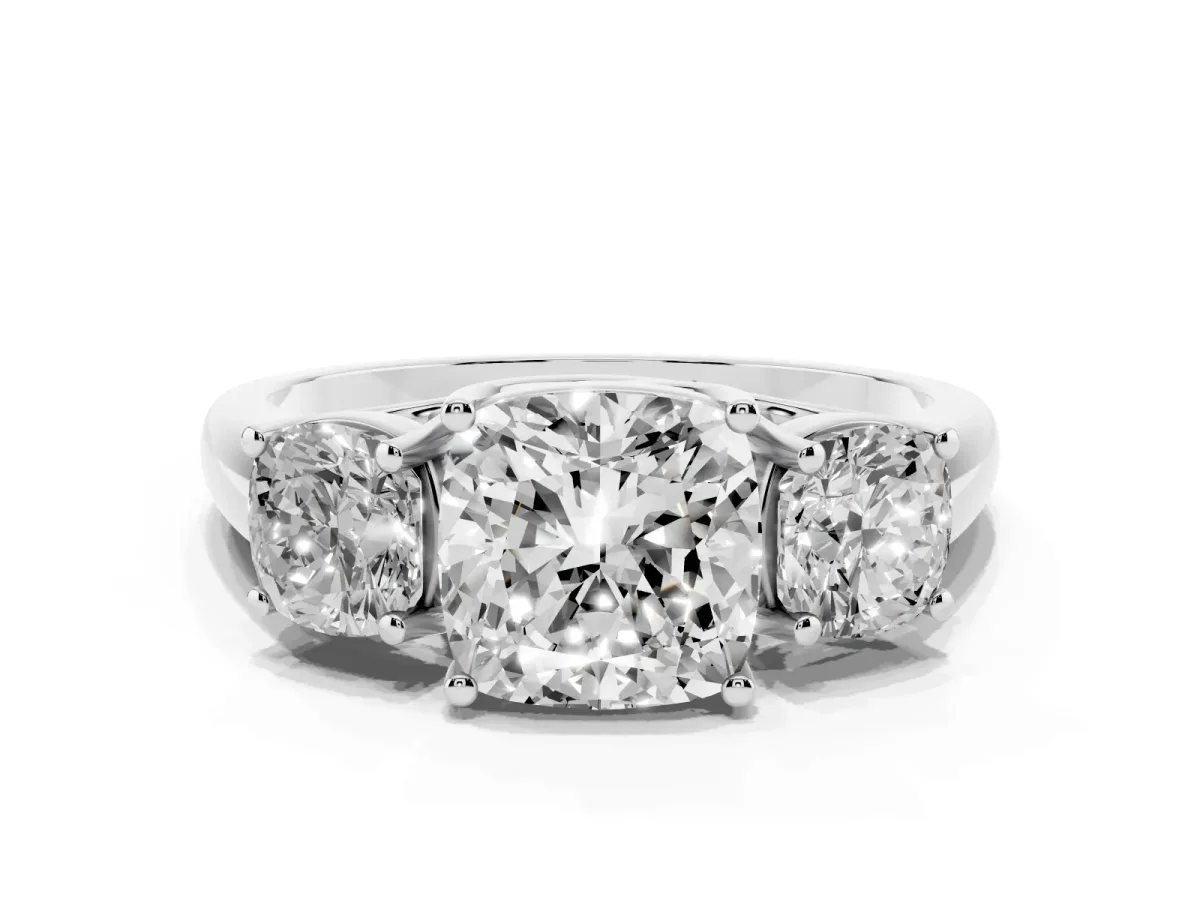 Three-Stone Cushion Cut Diamond Engagement Ring with Prong Setting Silver
