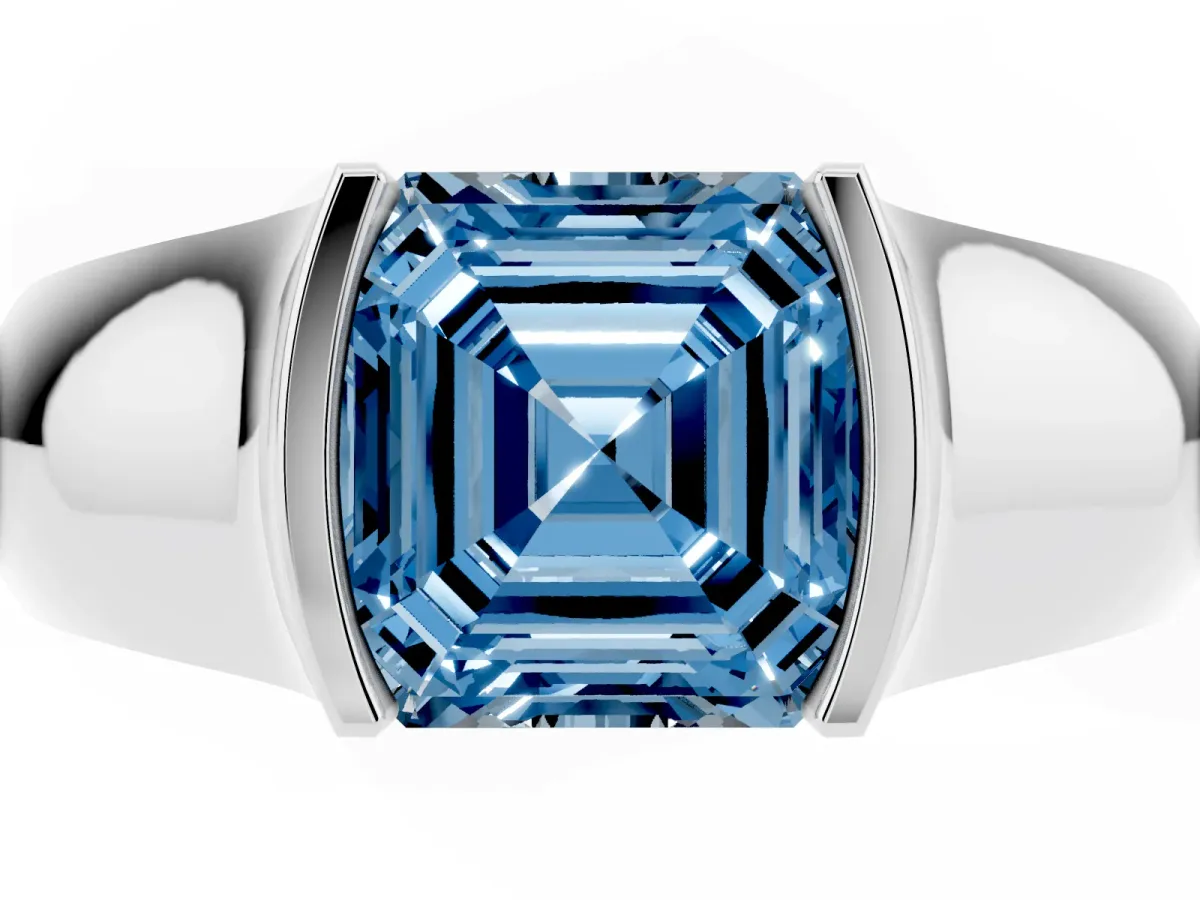 Fancy Blue Asscher Cut Solitaire Bezel Set Diamond Ring with Wide Band Silver