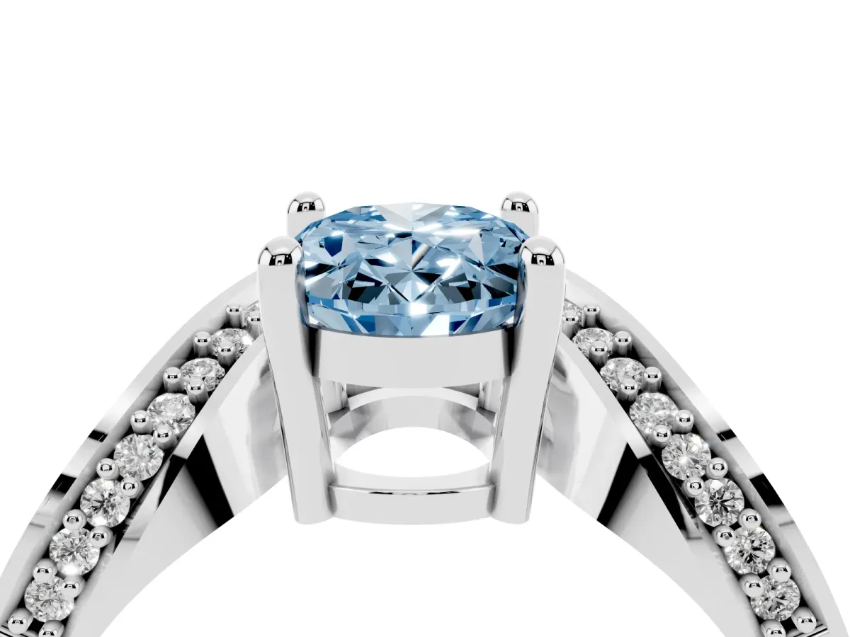Fancy Blue Oval Cut Solitaire Diamond Engagement Ring with Pave Band and Four-Prong Setting Silver