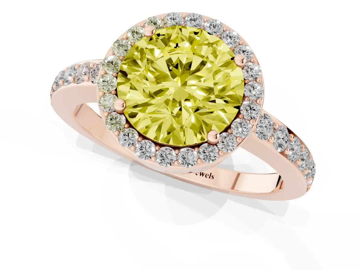 Fancy Yellow Round Cut Halo Diamond Pavé Band Ring with Prong Setting Rose gold