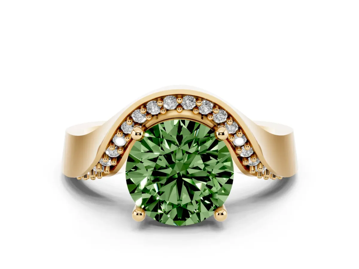 Fancy Green Round Cut Solitaire Diamond Engagement Ring with Pave Band and Four-Prong Setting Yellow gold