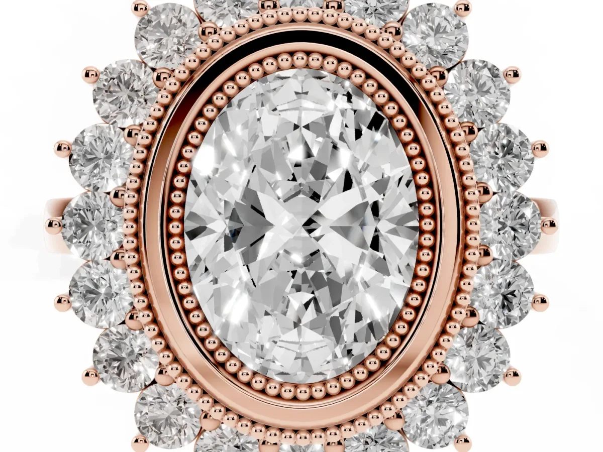 Oval Cut Halo Diamond Ring with Milgrain Edge and Round Prong Setting Rose gold