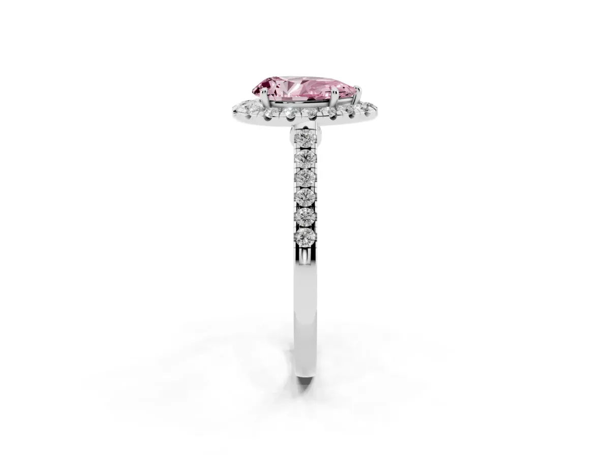 Fancy Pink Pear Cut Halo Pave Diamond Engagement Ring with Four-Prong Setting Silver