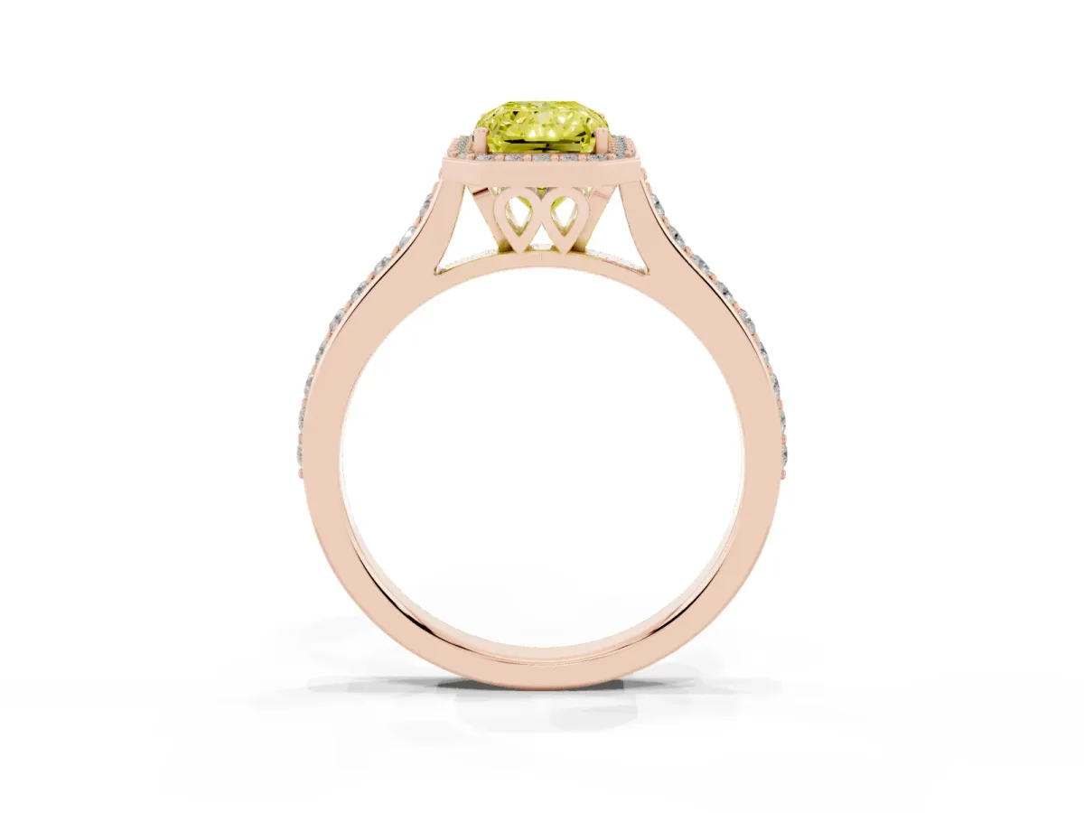 Fancy Yellow Radiant Cut Diamond Halo Engagement Ring with Round Pavé Shoulders and Prong Setting Rose gold