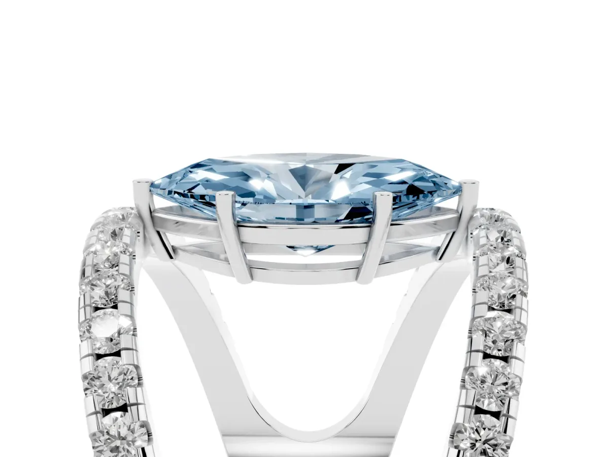 Fancy Blue Marquise Cut Solitaire Split Shank Pave Diamond Ring Silver