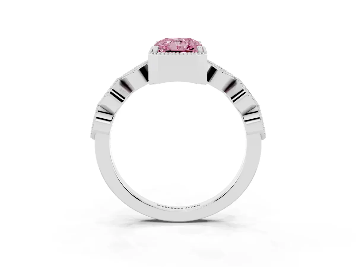 Fancy Pink Radiant Cut Diamond Vintage Milgrain Ring with Round Stations Silver