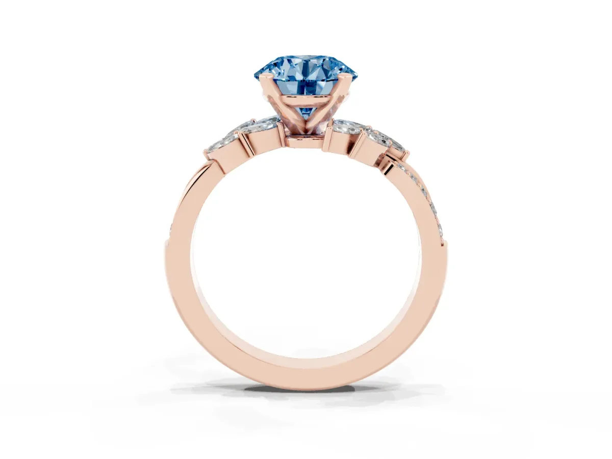 Fancy Blue Round Cut Solitaire Marquise Twist Band with Six-Prong Setting Rose gold