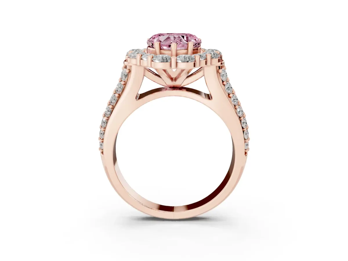 Fancy Pink Heart Cut Halo Diamond Engagement Ring with Split Shank and Prong Setting Rose gold
