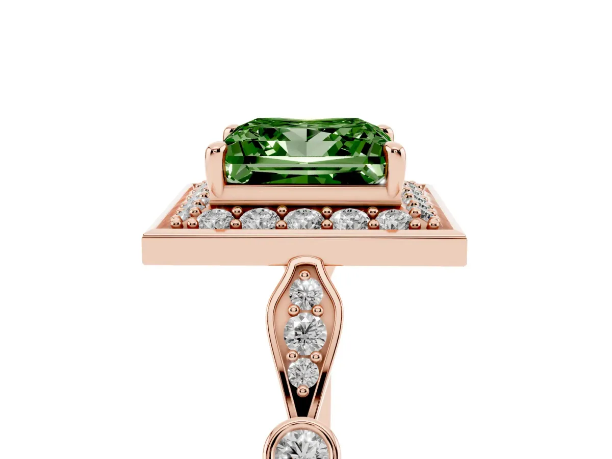 Fancy Green Princess Cut Halo Diamond Engagement Ring with Twisted Band and Four-Prong Setting Rose gold