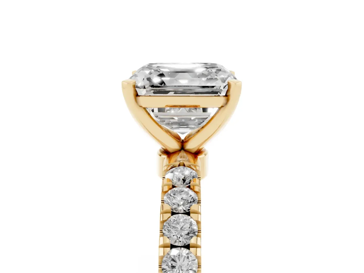 Asscher Cut Diamond Solitaire Ring with Pavé Accents and Four-Prong Setting Yellow gold