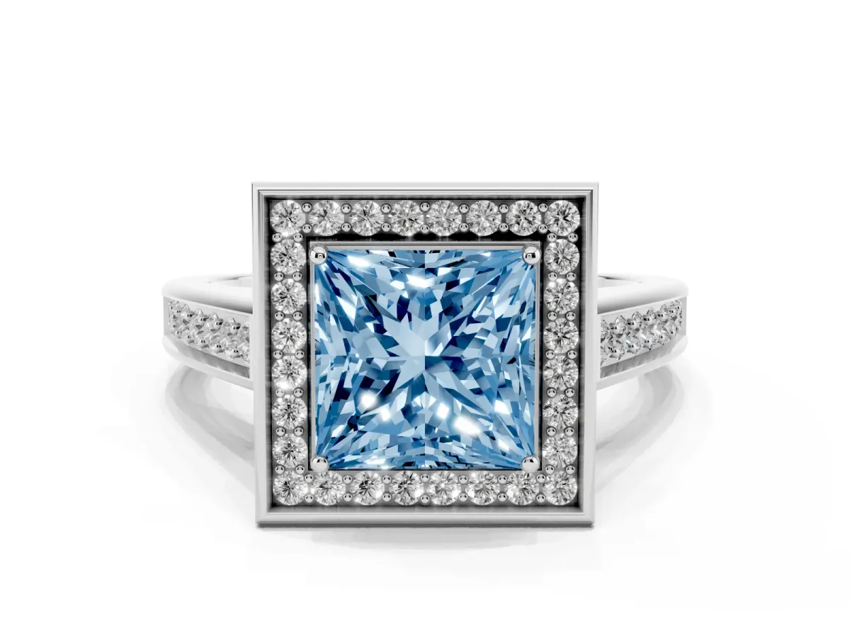 Fancy Blue Princess Cut Halo Solitaire Diamond Ring with Pave Band and Bezel Setting White gold
